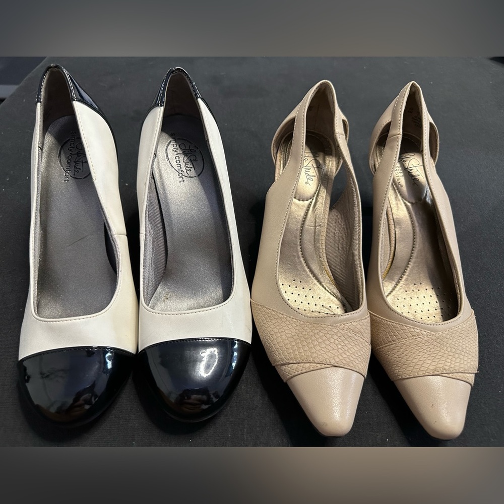 Black and white///  Tan kitten heels